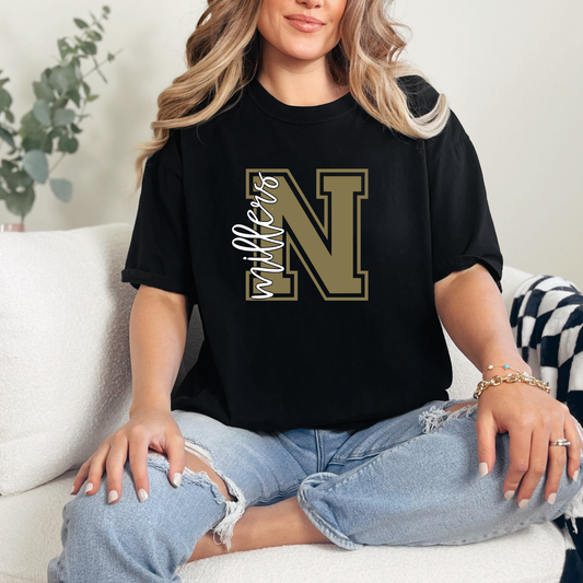Black Noblesville Millers Varsity N Shirt featuring a large varsity letter N design with Millers script for school spirit apparel.