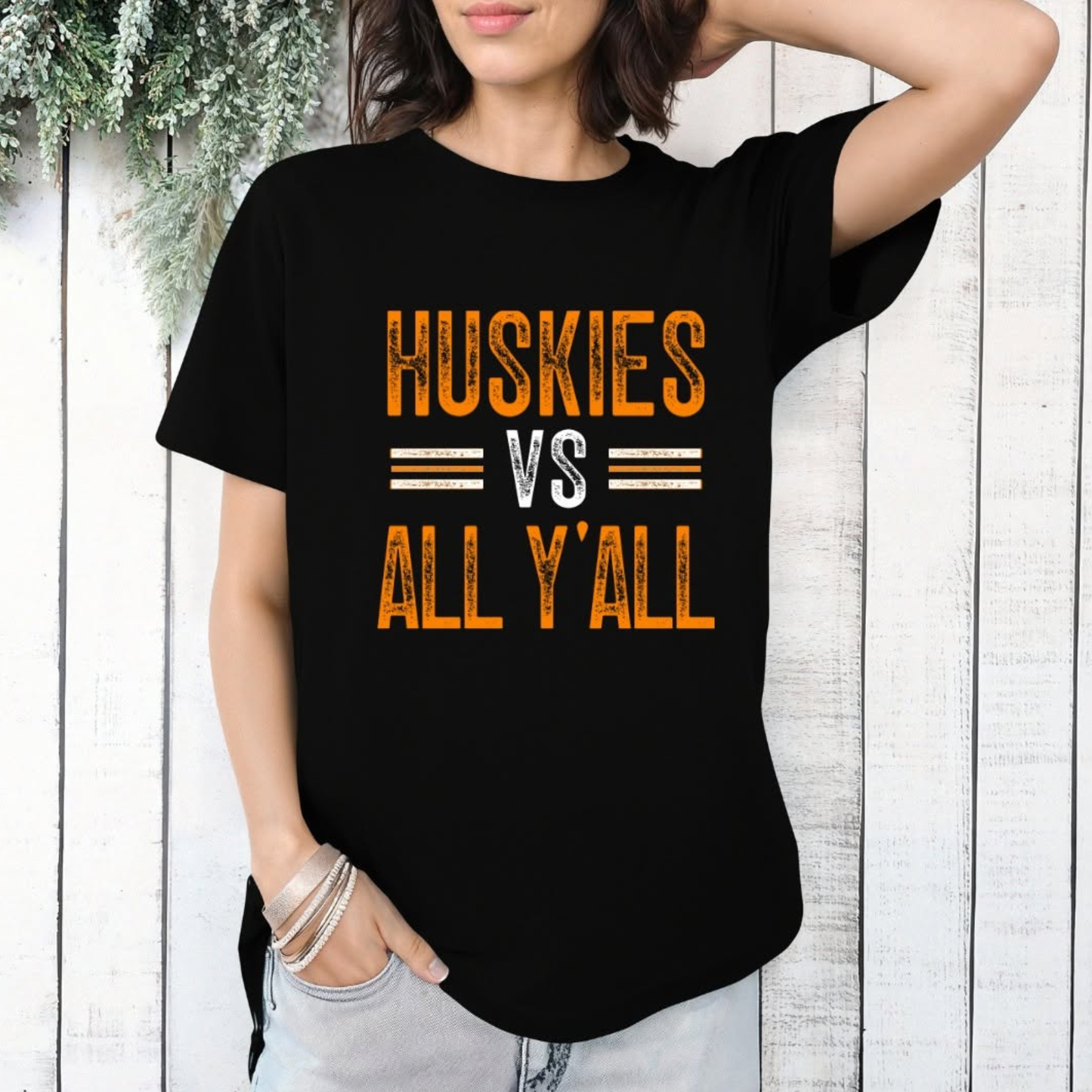 Hamilton Heights Huskies vs All Y'all graphic tee featuring distressed orange and white typography on black Comfort Colors shirt