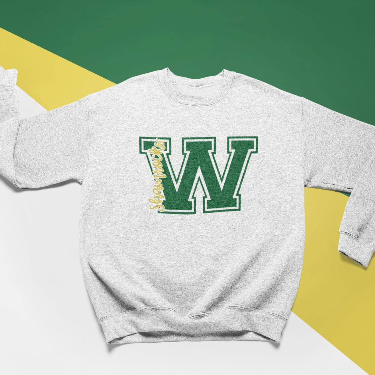 Westfield Shamrocks Varsity W crewneck sweatshirt with green varsity letter graphic on gray Gildan sweatshirt