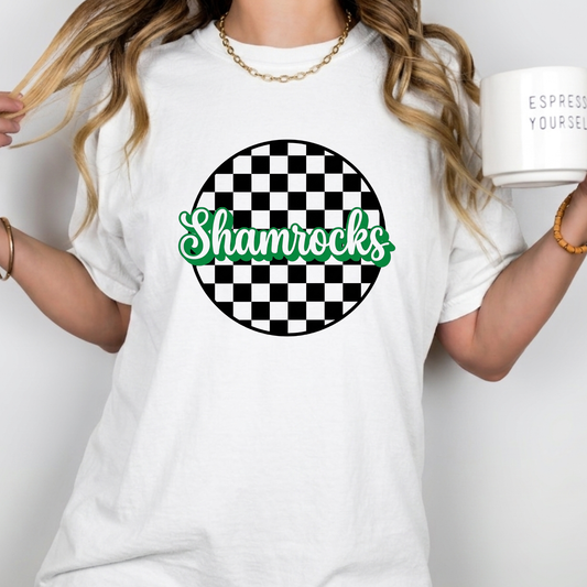 Woman wearing a Westfield Shamrocks checkered school spirit shirt on white Comfort Colors graphic tee