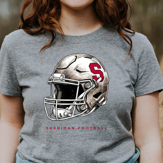 Grey crewneck t-shirt showcasing a detailed Sheridan Blackhawks helmet design in a modern athletic style.