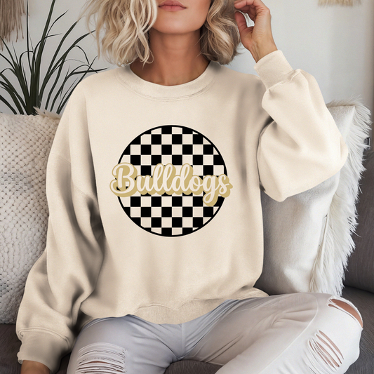 Lapel Bulldogs checkered spirit wear sweatshirt featuring Bulldogs script over black and white checkerboard graphic on cream crewneck