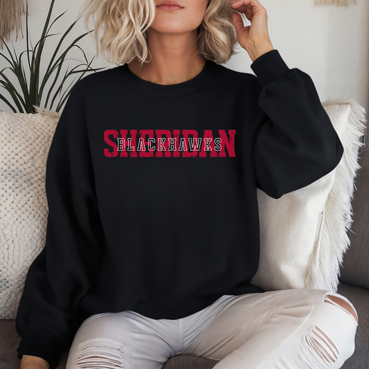 Sheridan Blackhawks Vintage-Style Layered Text Crewneck | Spirit Wear