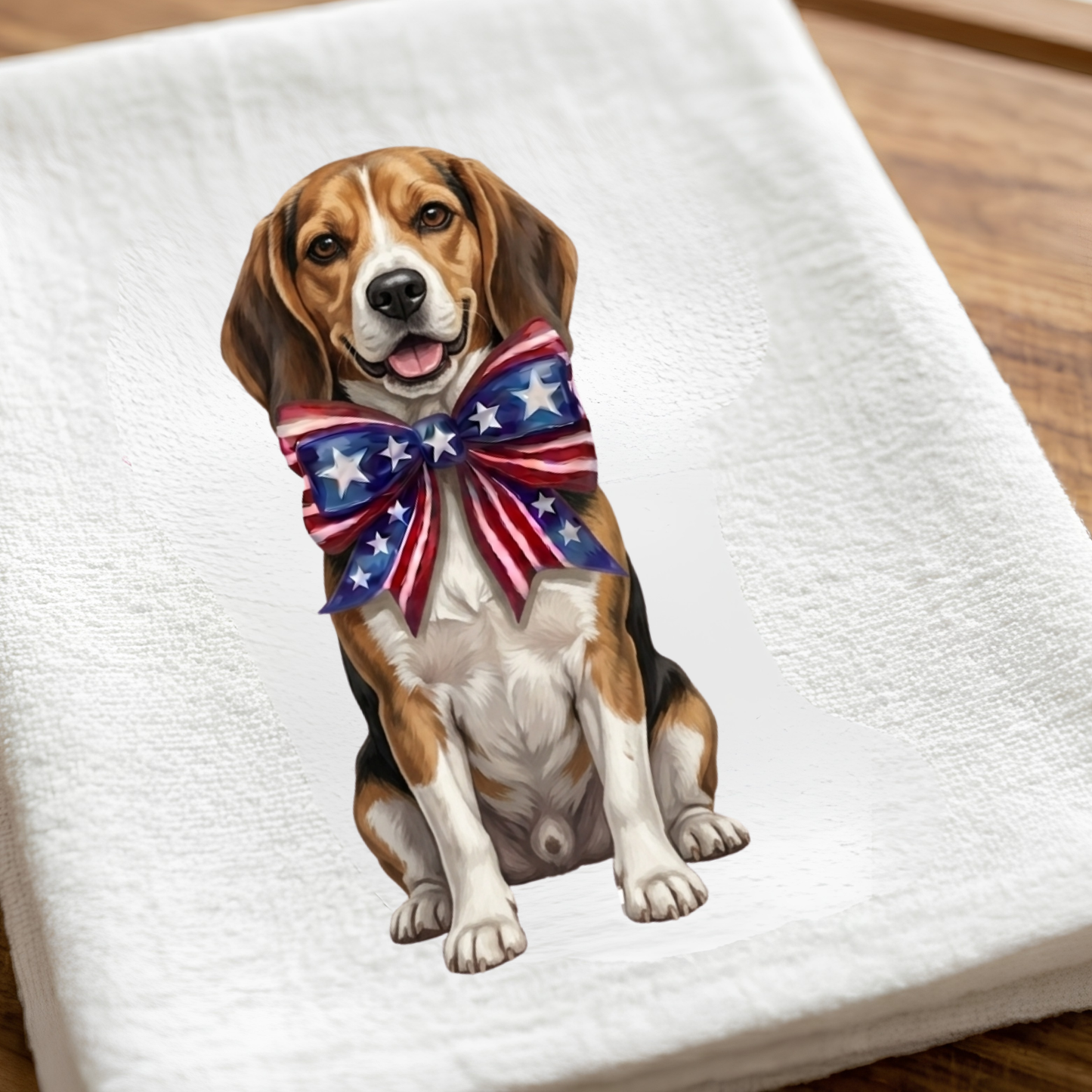 Beagle dog with a patriotic bow tie on a white towel