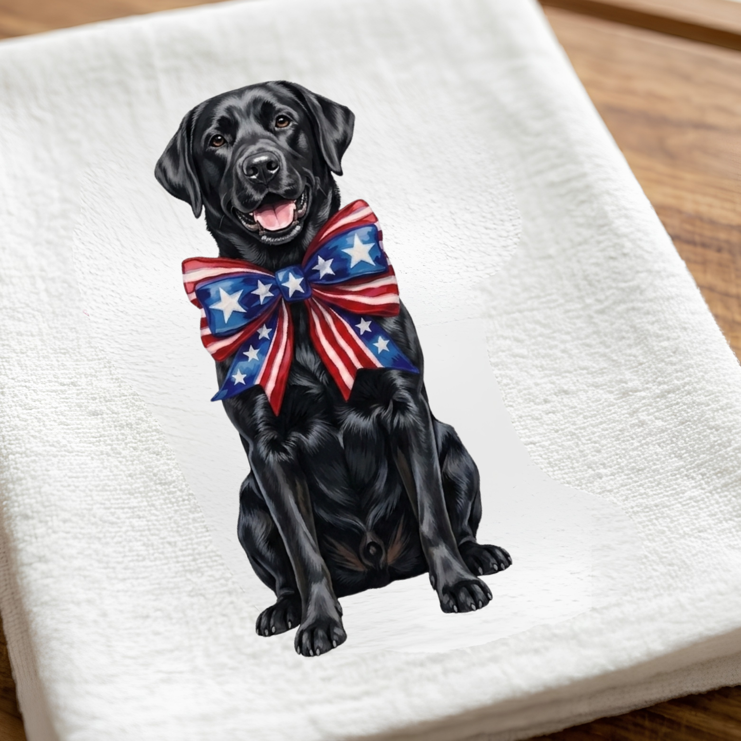 Black dog with a red, white, and blue bow tie on a white towel.