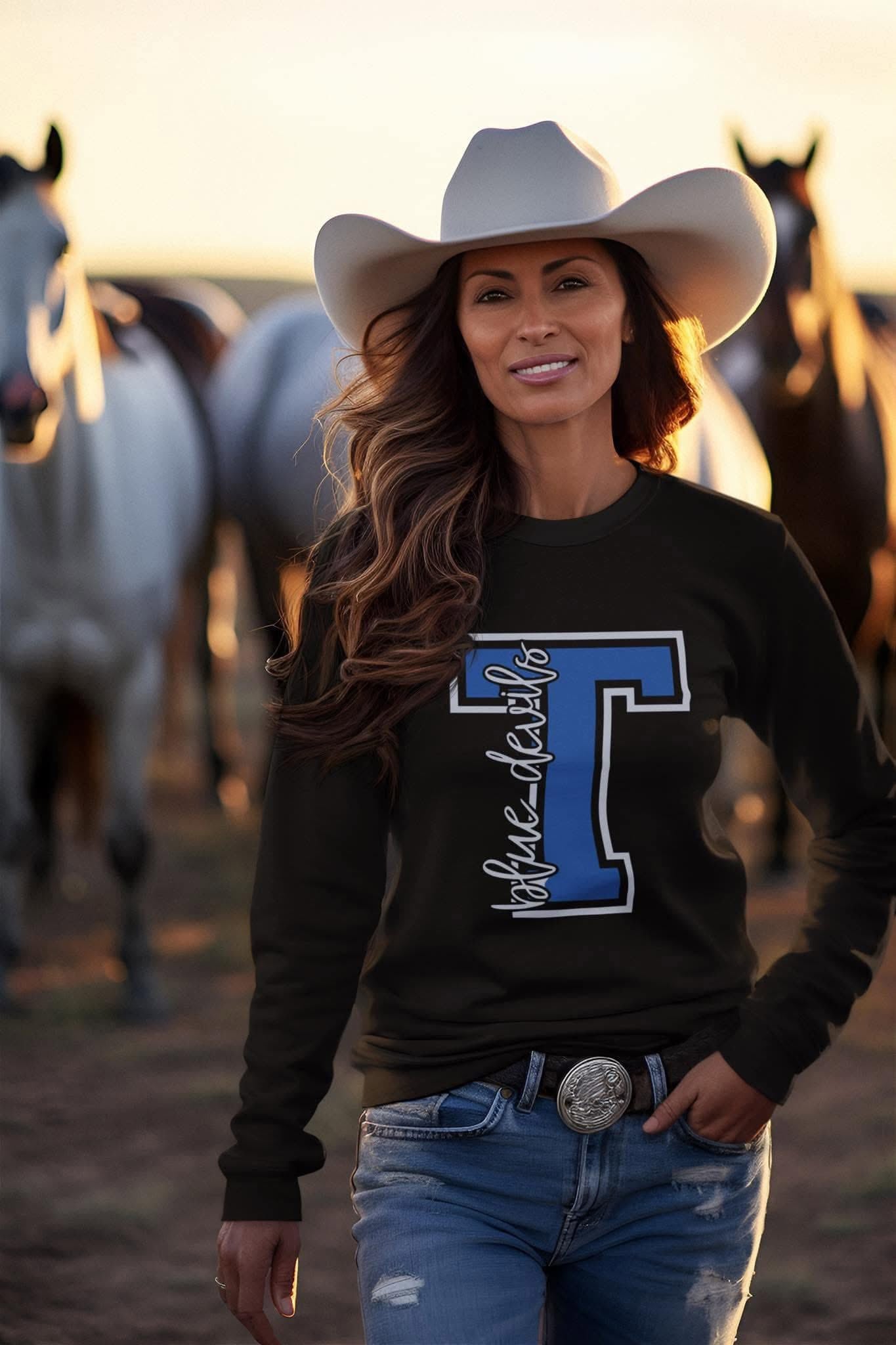 Tipton Blue Devils varsity T crewneck in black with blue script design, unisex spirit wear sweatshirt.