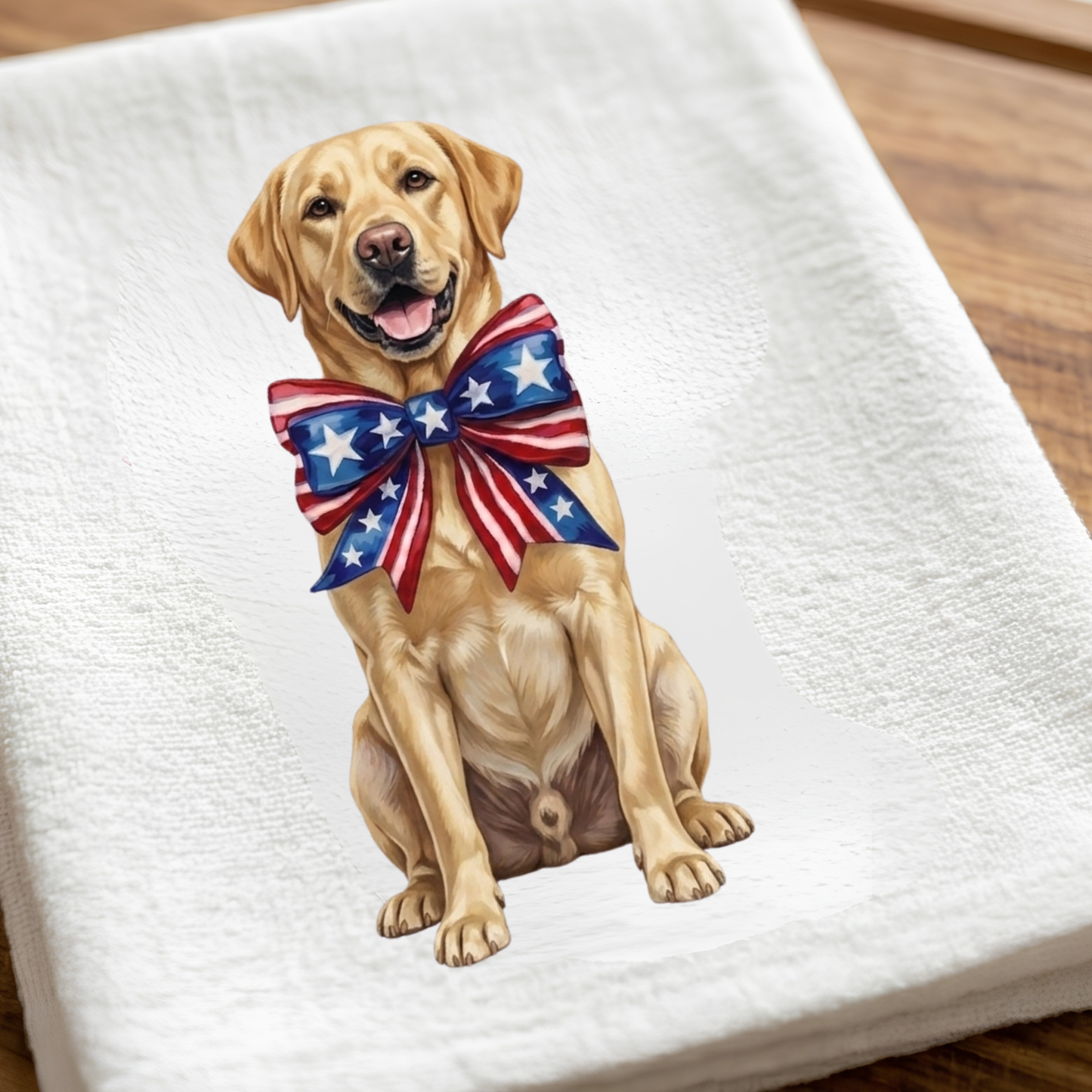Labrador Retriever dog with a patriotic bow tie on a white towel