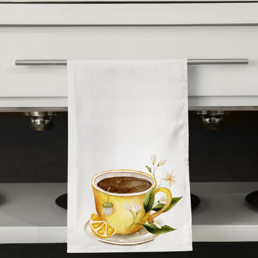 Lemon tea kitchen towel with watercolor tea cup artwork for cottagecore and farmhouse kitchen decor