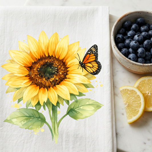 Sunflower tea towel with monarch butterfly watercolor design featuring a yellow sunflower bloom and butterfly on a white kitchen towel.