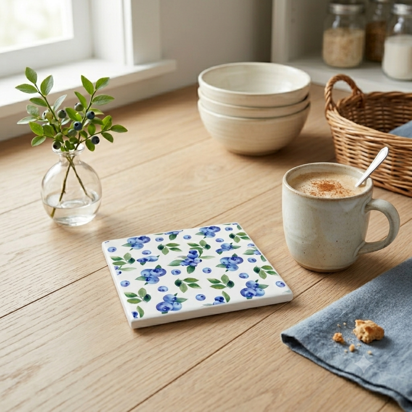 Ceramic coaster with a blueberry pattern design on a wooden table with a mug and plant.