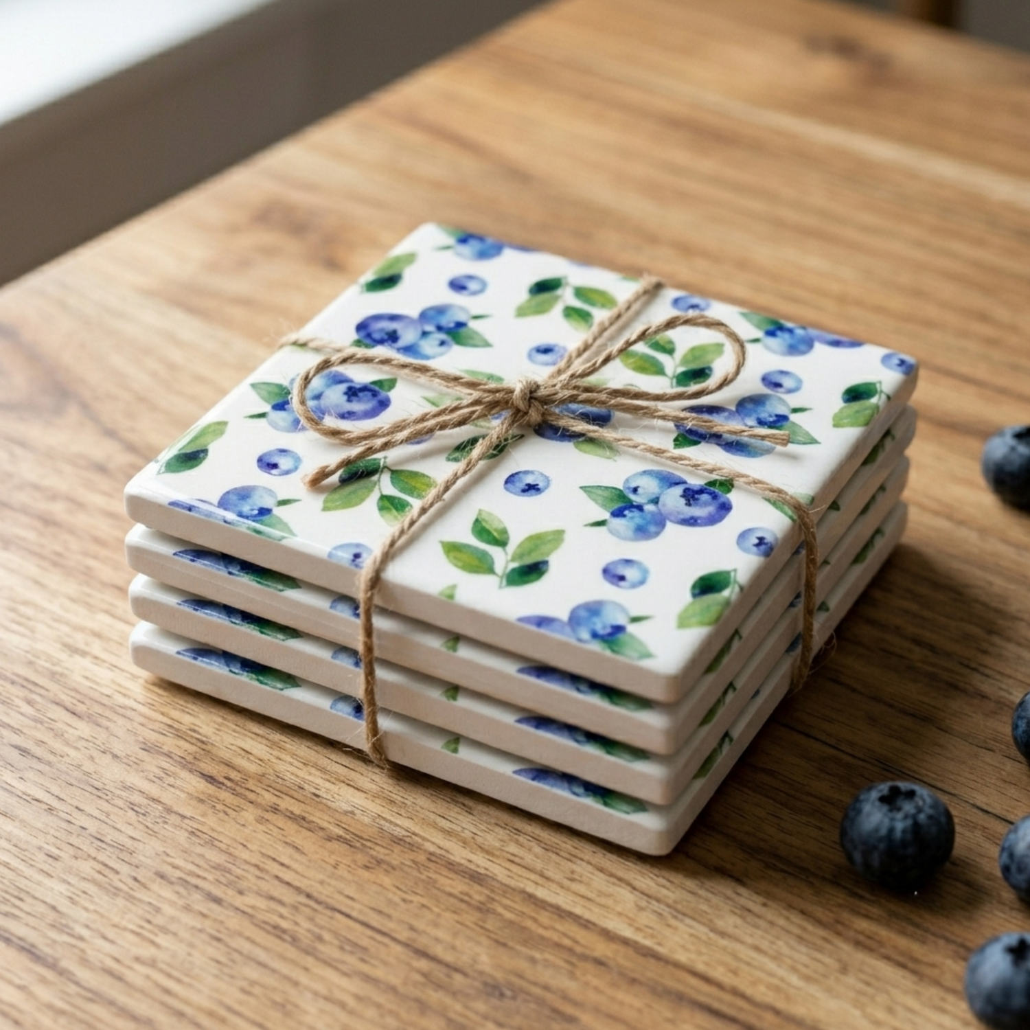 Set of four blueberry pattern coasters tied with twine on a wooden surface with blueberries.