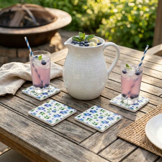 Outdoor setting with a pitcher of lemonade and glasses on Watercolor blueberry ceramic coaster with botanical berry artwork for farmhouse kitchen and cottagecore home decor
