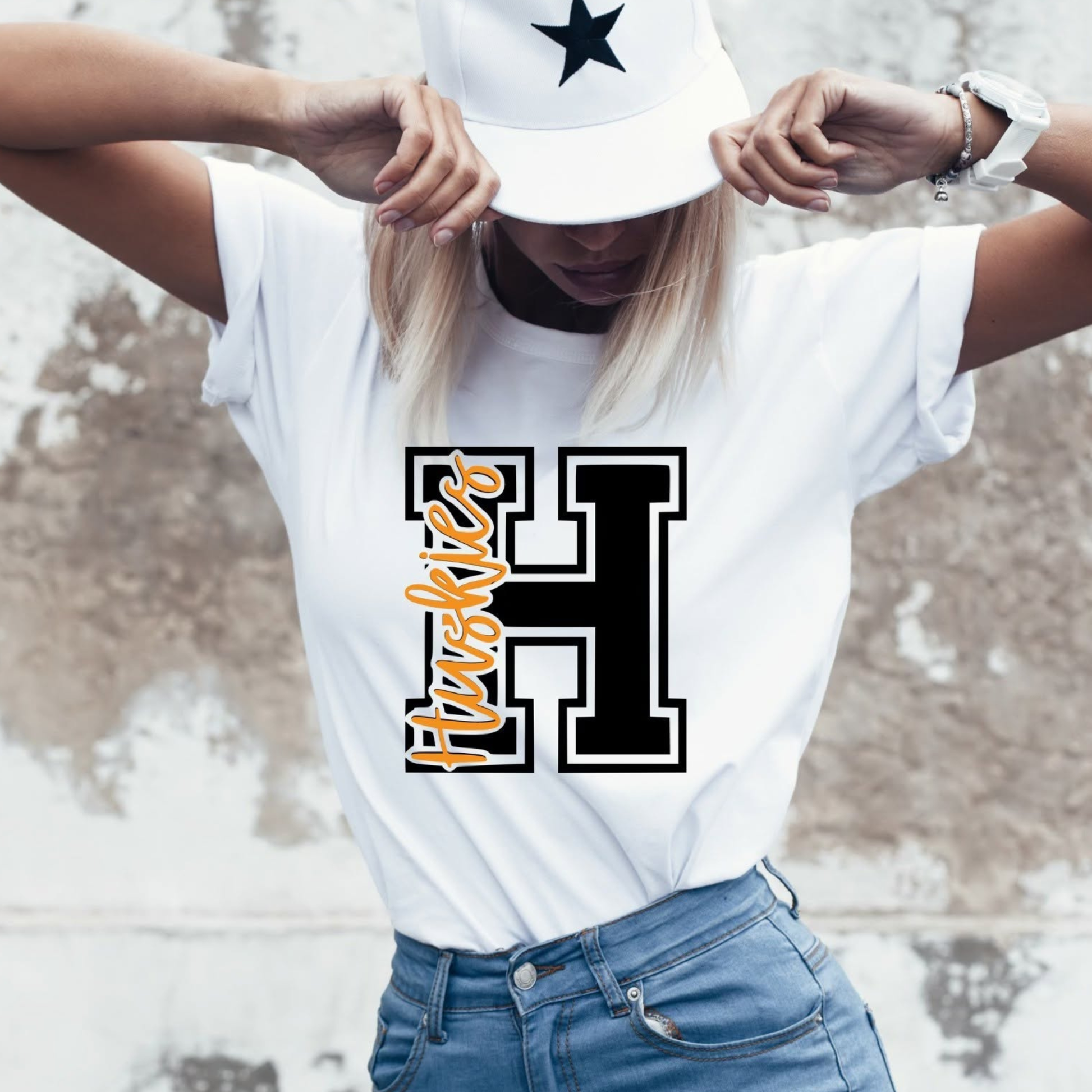 Hamilton Heights Huskies varsity H graphic tee featuring bold black varsity letter H with Huskies script on white Comfort Colors shirt