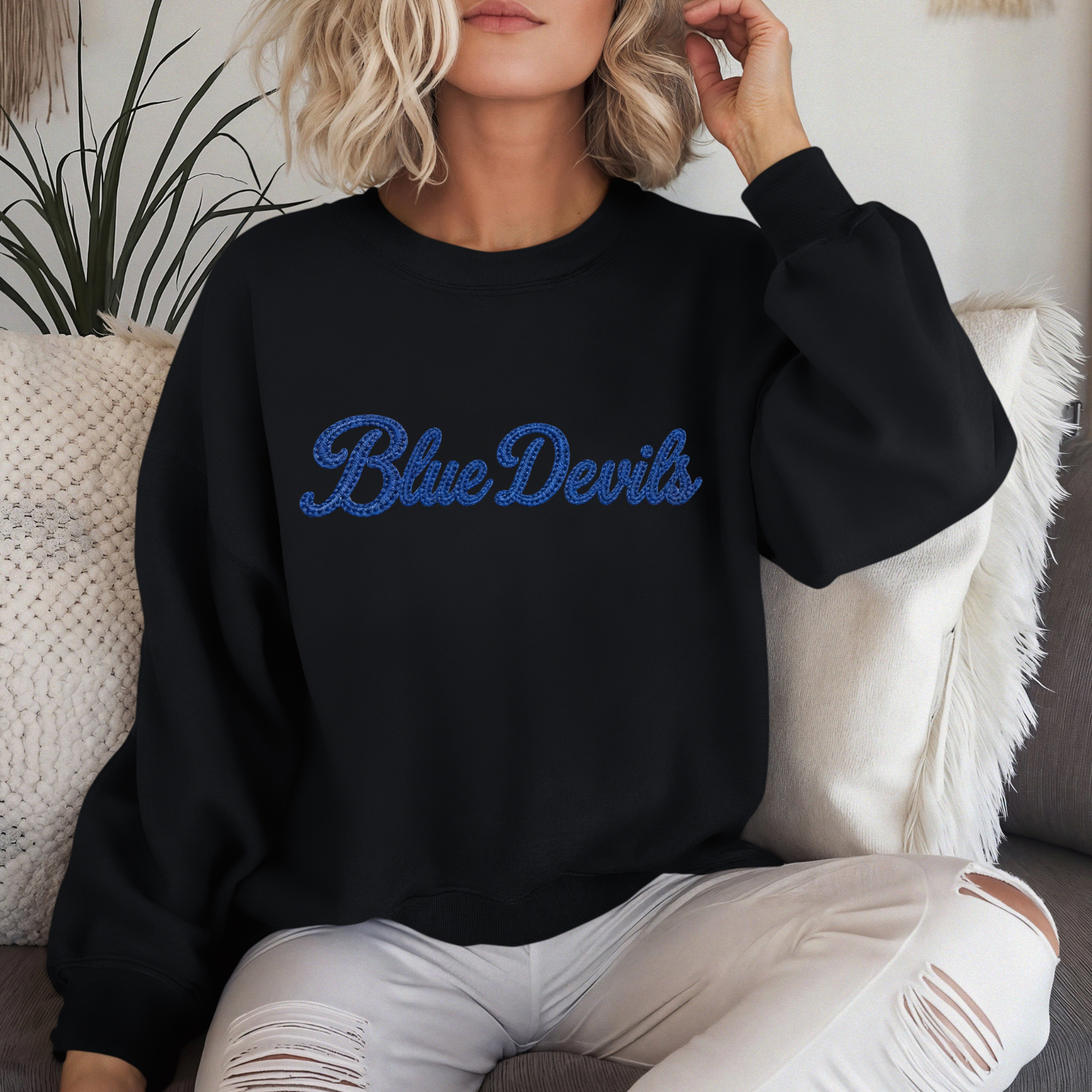 Tipton Blue Devils faux embroidered crewneck sweatshirt with vintage stitched lettering design on black sweatshirt
