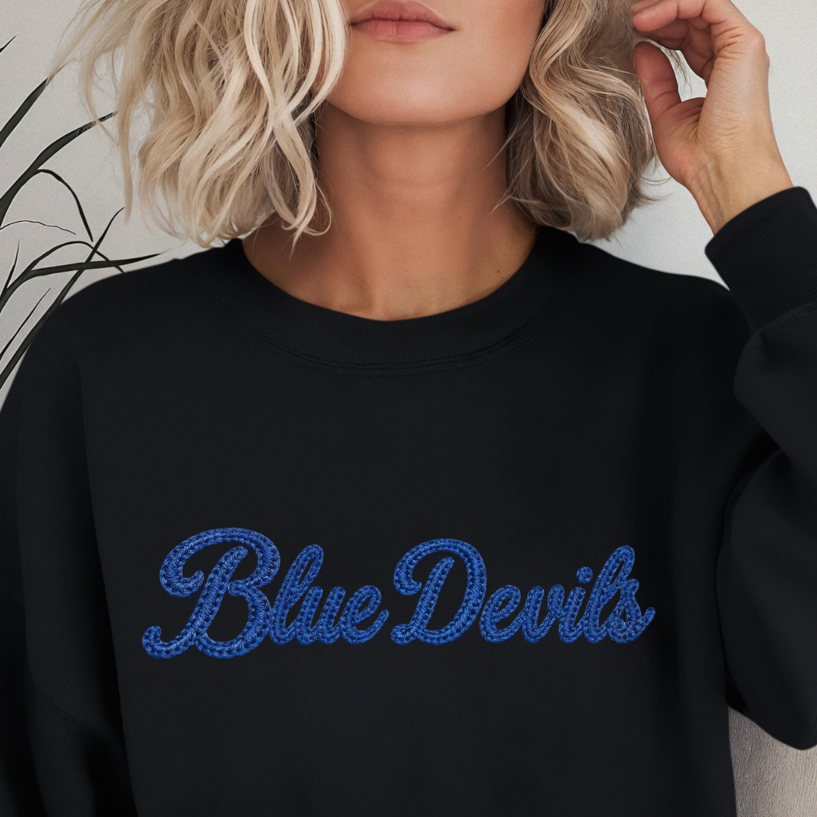 Blue Devils faux embroidered script design with vintage stitched texture effect for school spirit wear