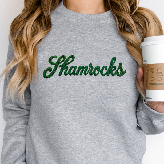 Westfield Shamrocks faux embroidered crewneck sweatshirt featuring green script mascot design on gray Gildan sweatshirt