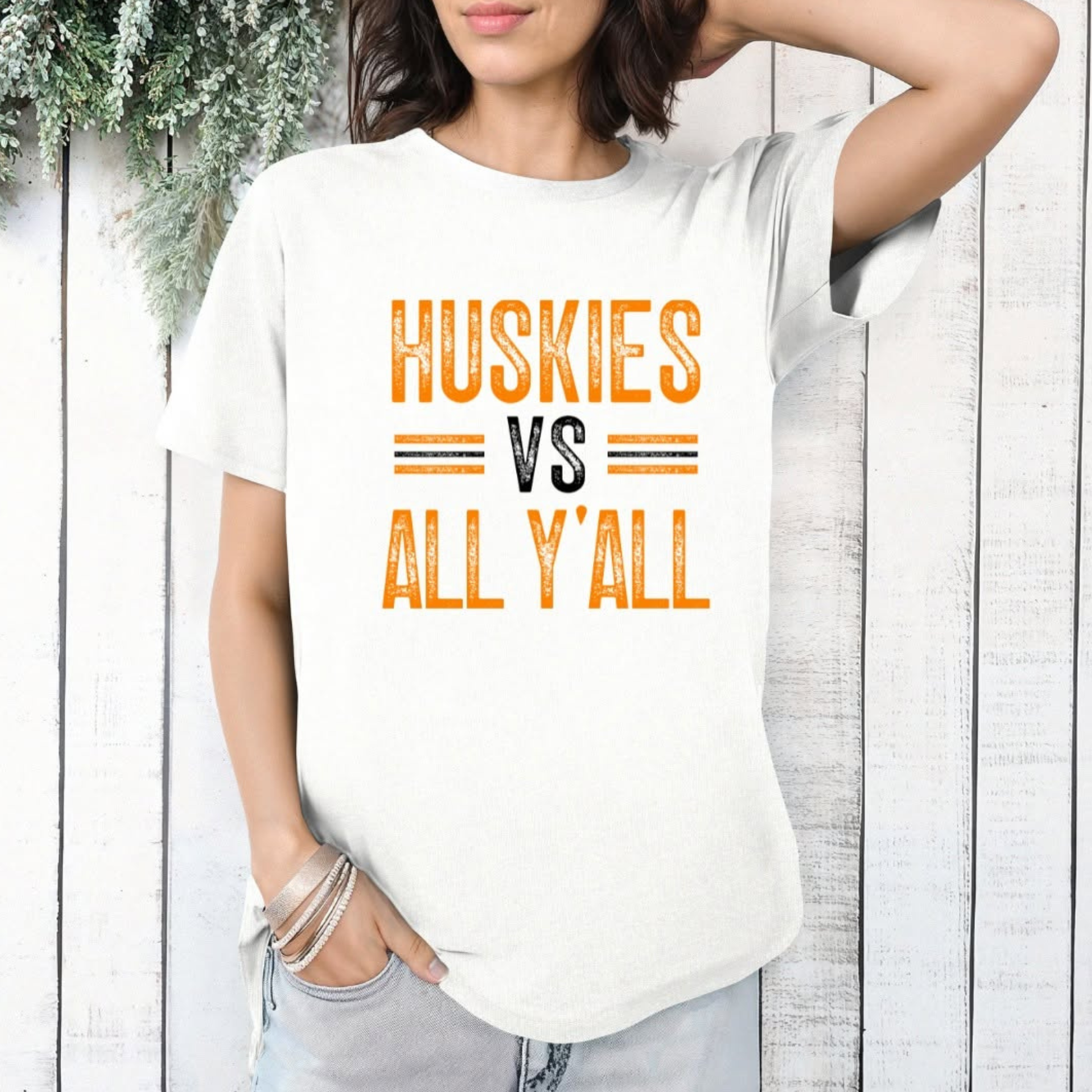 Hamilton Heights Huskies vs All Y'all spirit wear shirt with bold distressed typography design on white Comfort Colors tee
