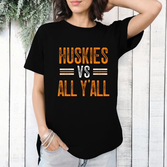 Hamilton Heights Huskies vs All Y'all graphic tee featuring distressed orange and white typography on black Comfort Colors shirt