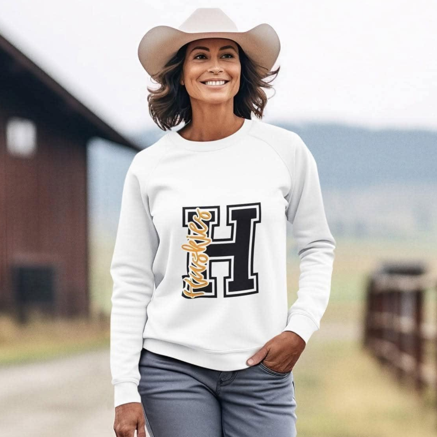 Hamilton Heights Huskies Varsity H spirit wear sweatshirt with varsity letter H and Huskies script design on white Gildan crewneck