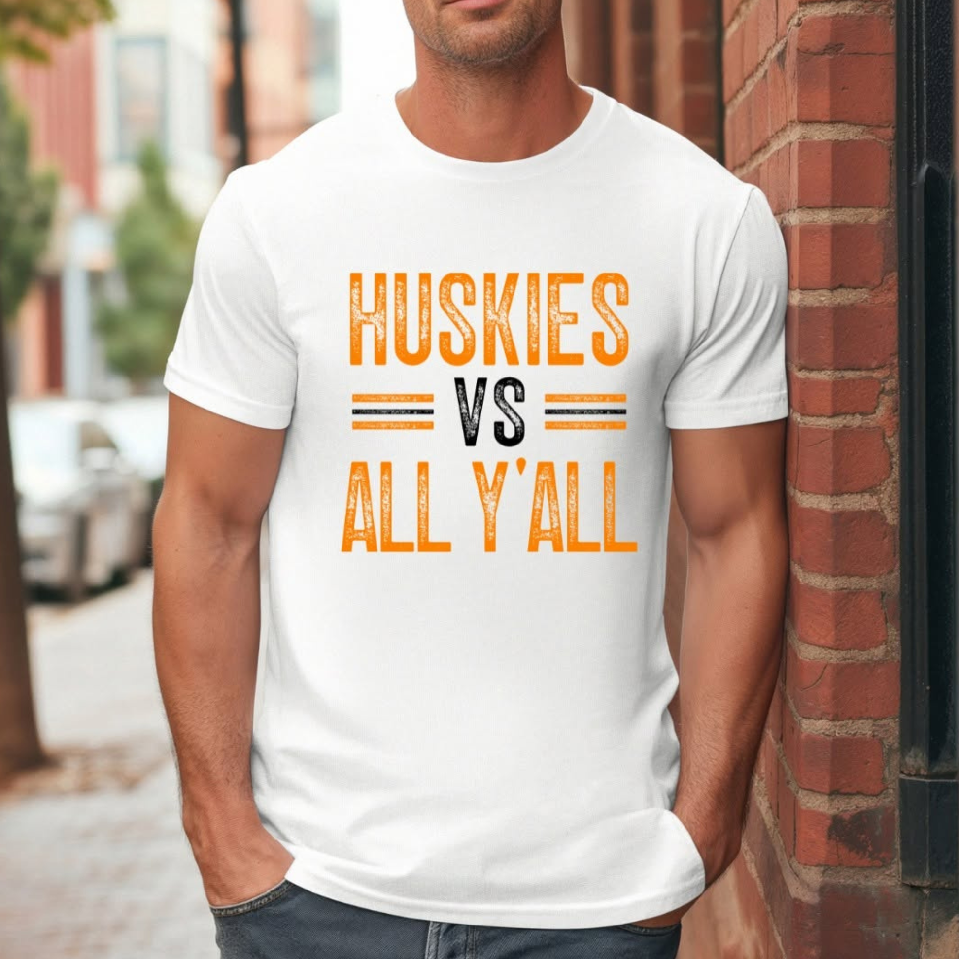 Hamilton Heights Huskies vs All Y'all men's game day t-shirt with distressed orange lettering on white shirt