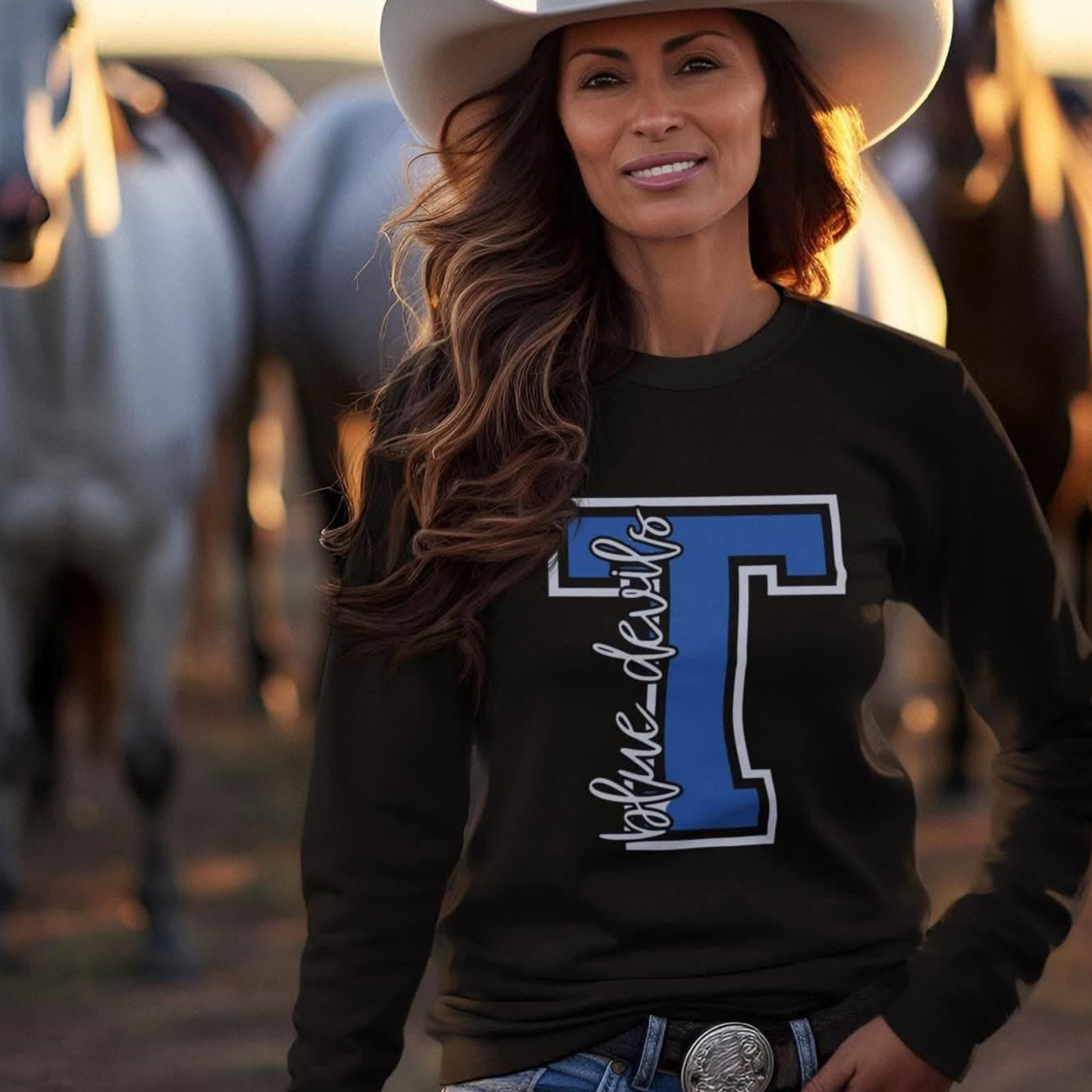 Woman wearing a black sweatshirt with a large blue letter 'T' and cowboy hat, standing in front of horses.
