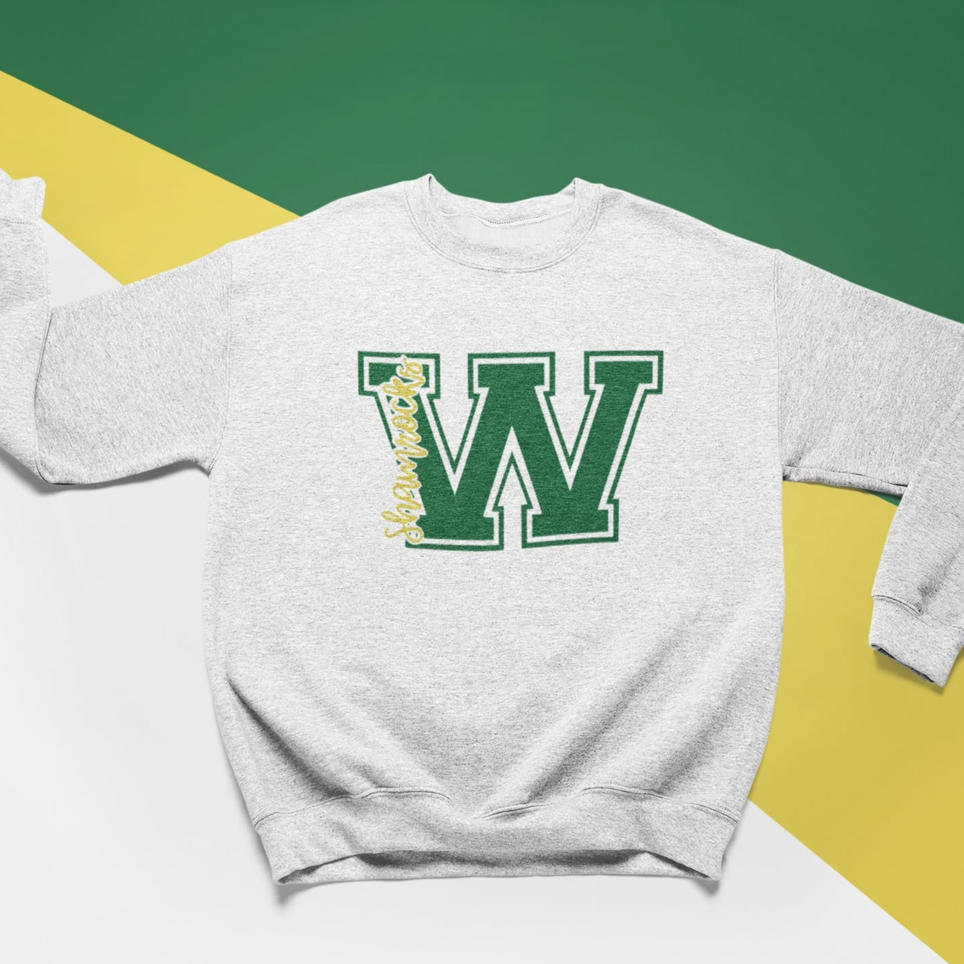 Westfield Shamrocks Varsity W crewneck sweatshirt with green varsity letter graphic on gray Gildan sweatshirt