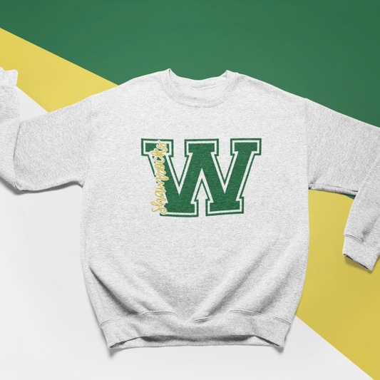 Westfield Shamrocks Varsity W crewneck sweatshirt with green varsity letter graphic on gray Gildan sweatshirt