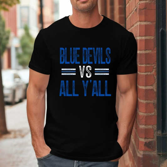Blue Devils vs All Y'all men's graphic tee on black Comfort Colors shirt for Tipton spirit wear