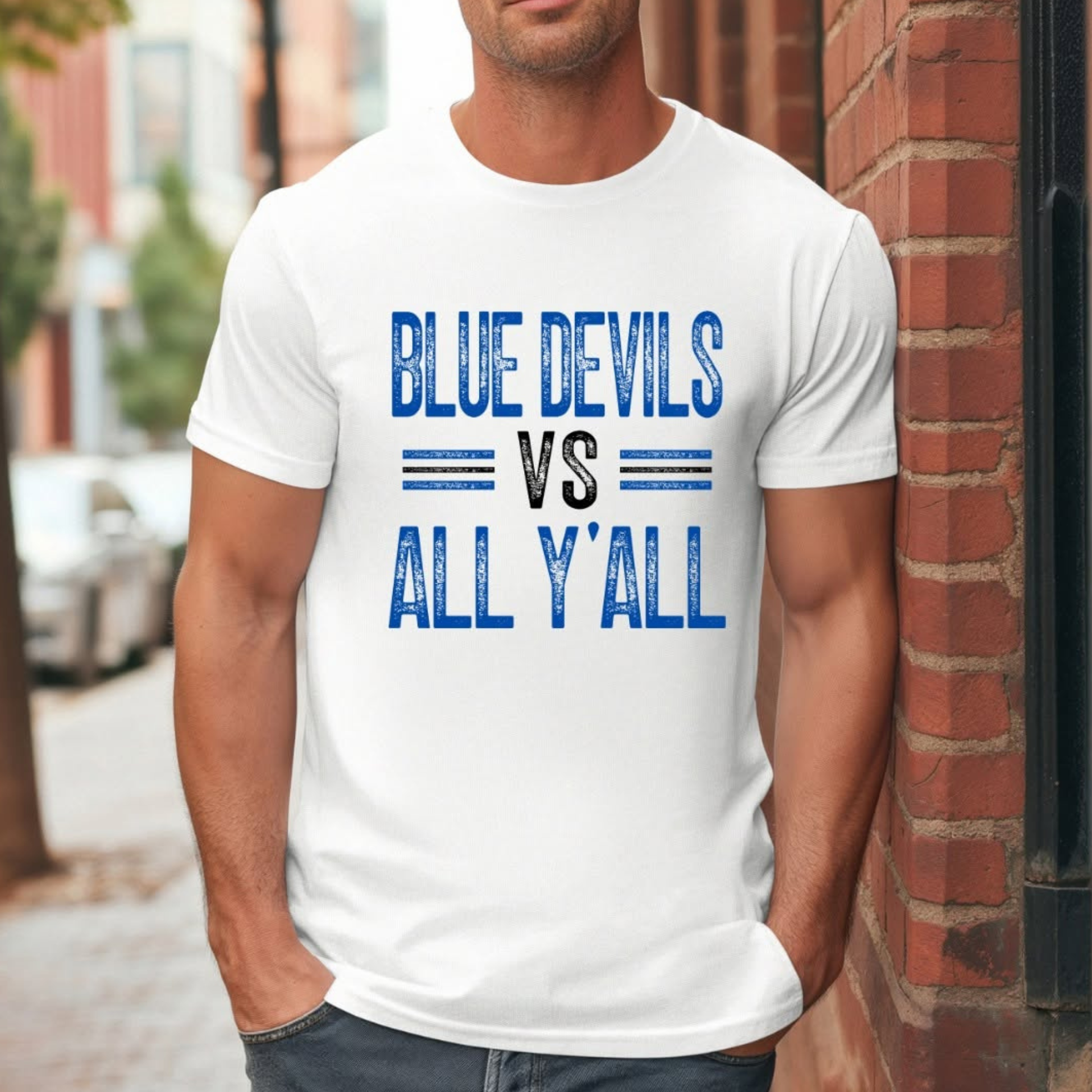 Blue Devils vs All Y'all men's game day graphic tee on white Comfort Colors shirt