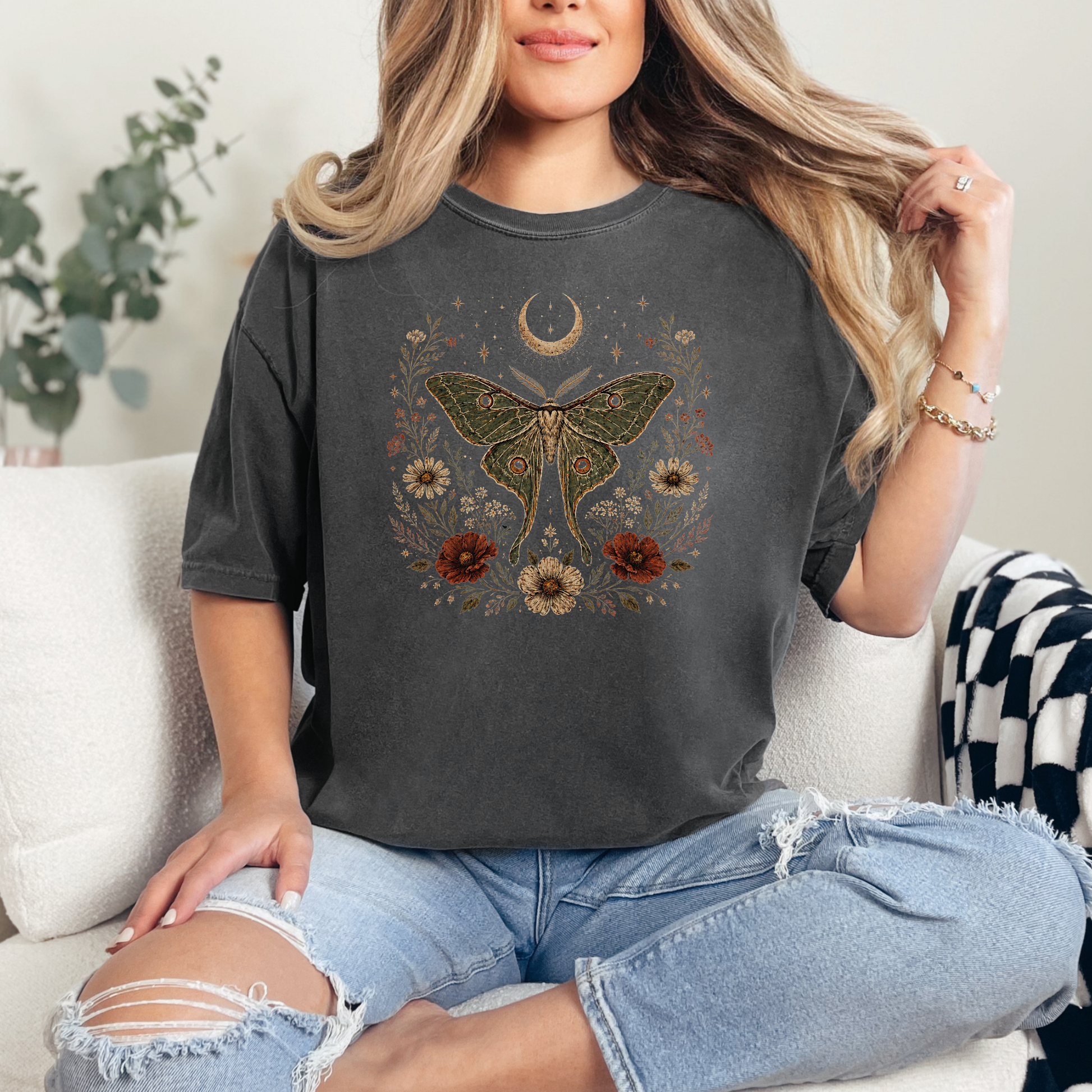 Charcoal gray celestial luna moth shirt featuring nature-inspired floral and moon graphic design
