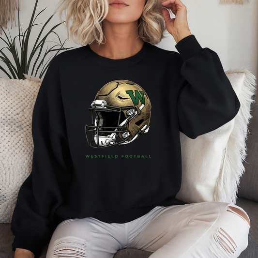 A person wearing a black crewneck sweatshirt featuring a gold and green Westfield football helmet design with the text 'WESTFIELD FOOTBALL'.