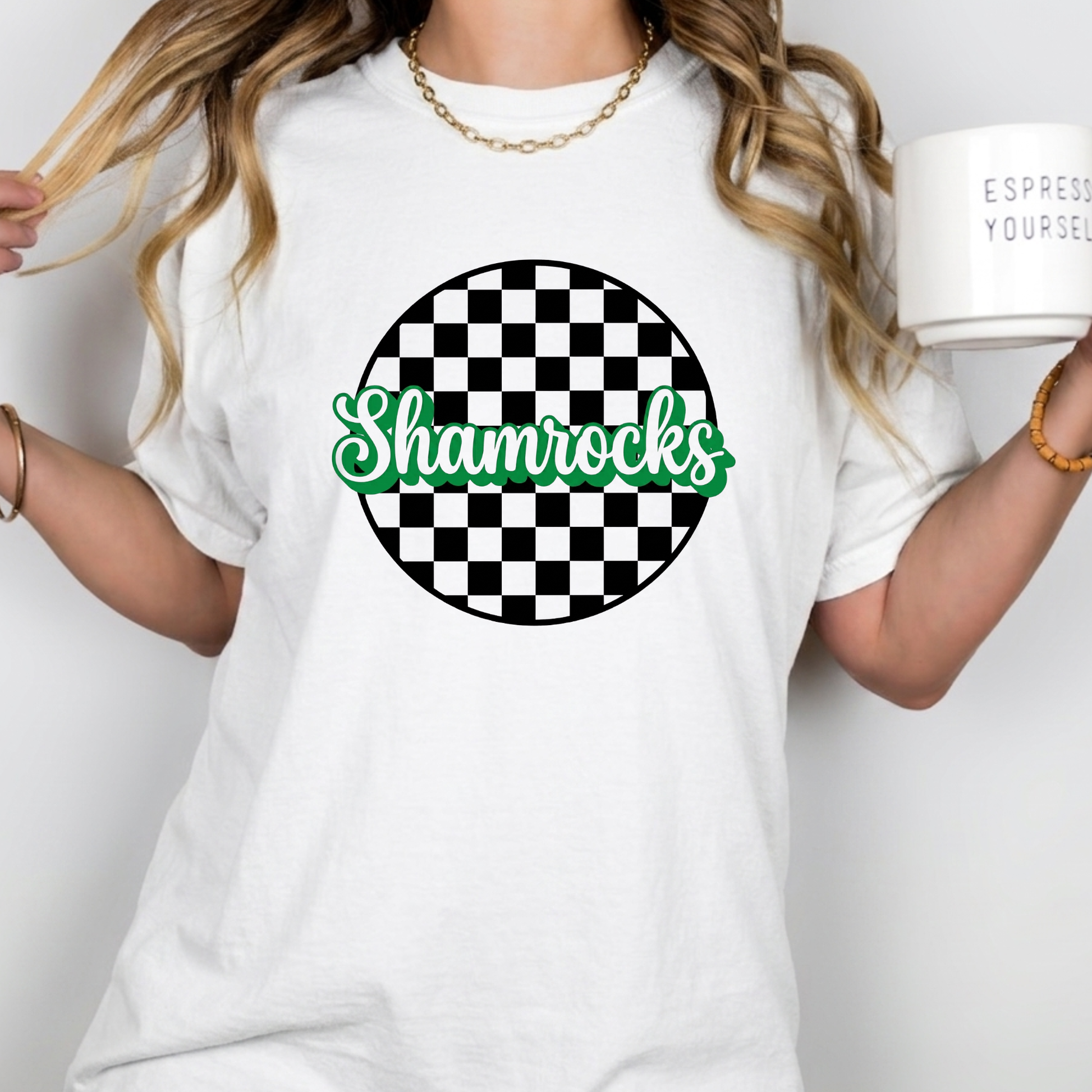 Woman wearing a Westfield Shamrocks checkered school spirit shirt on white Comfort Colors graphic tee