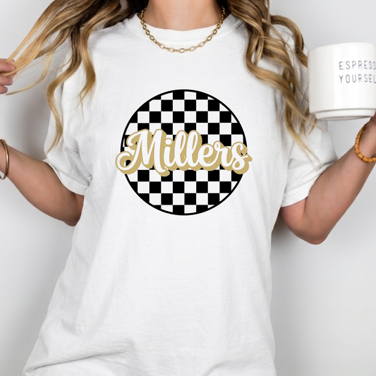 White t-shirt with 'Millers' design on a plain background