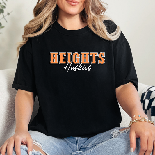 Woman wearing a black t-shirt with 'Heights Huskies' text