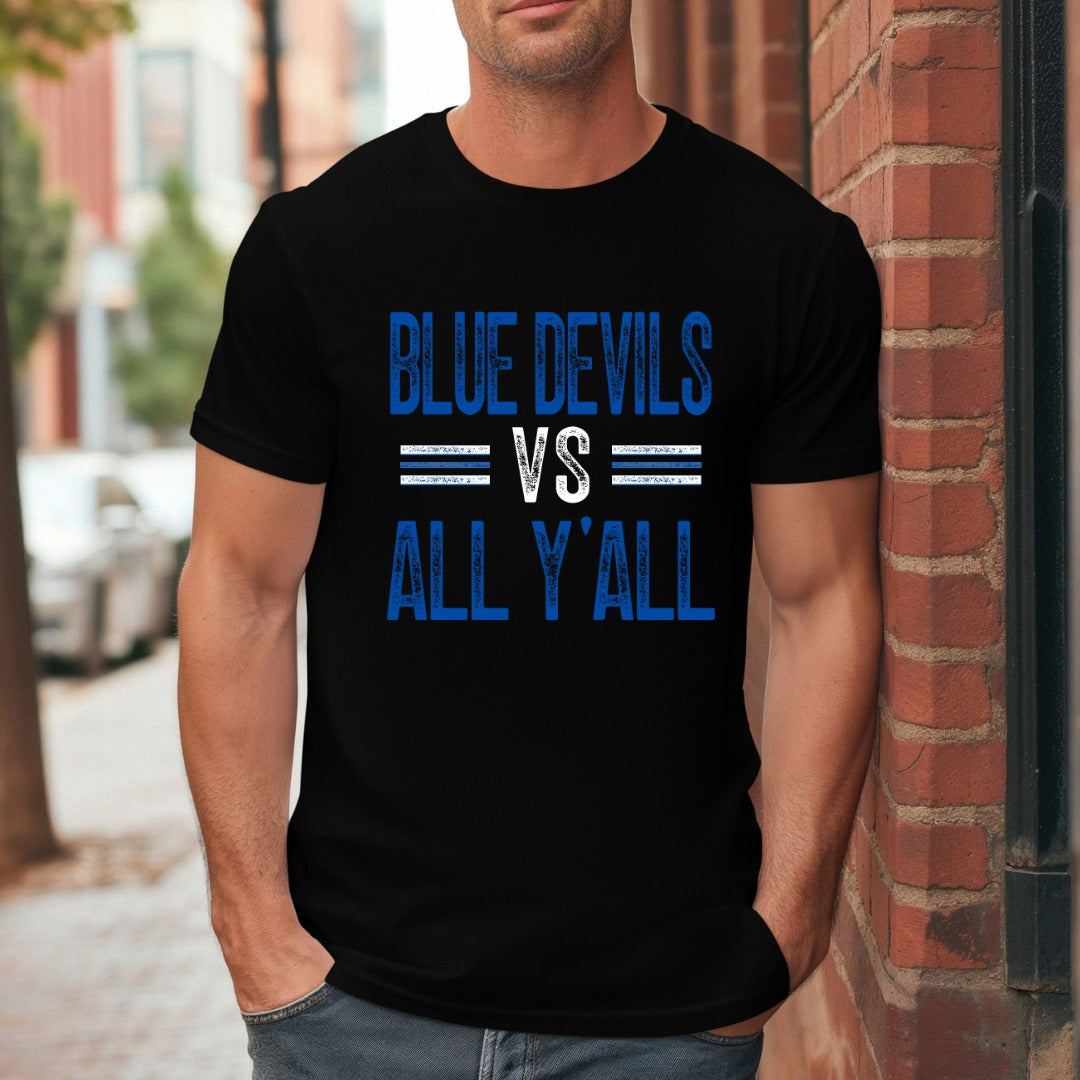 Black Blue Devils vs. All Y’all men’s graphic tee by Skeleton Key Trading Company, Tipton Blue Devils school spirit shirt.