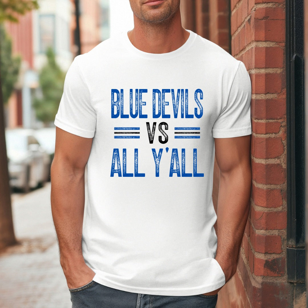 Black Blue Devils vs. All Y’all men’s graphic tee by Skeleton Key Trading Company, Tipton Blue Devils school spirit shirt.