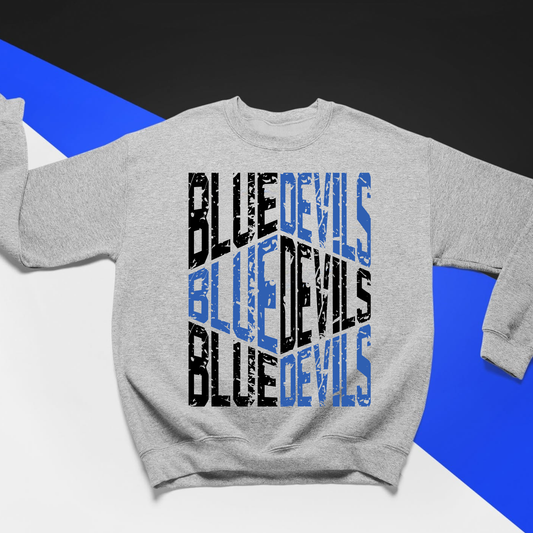 Tipton Blue Devils Distressed Crewneck Sweatshirt featuring stacked blue and black spirit wear graphic