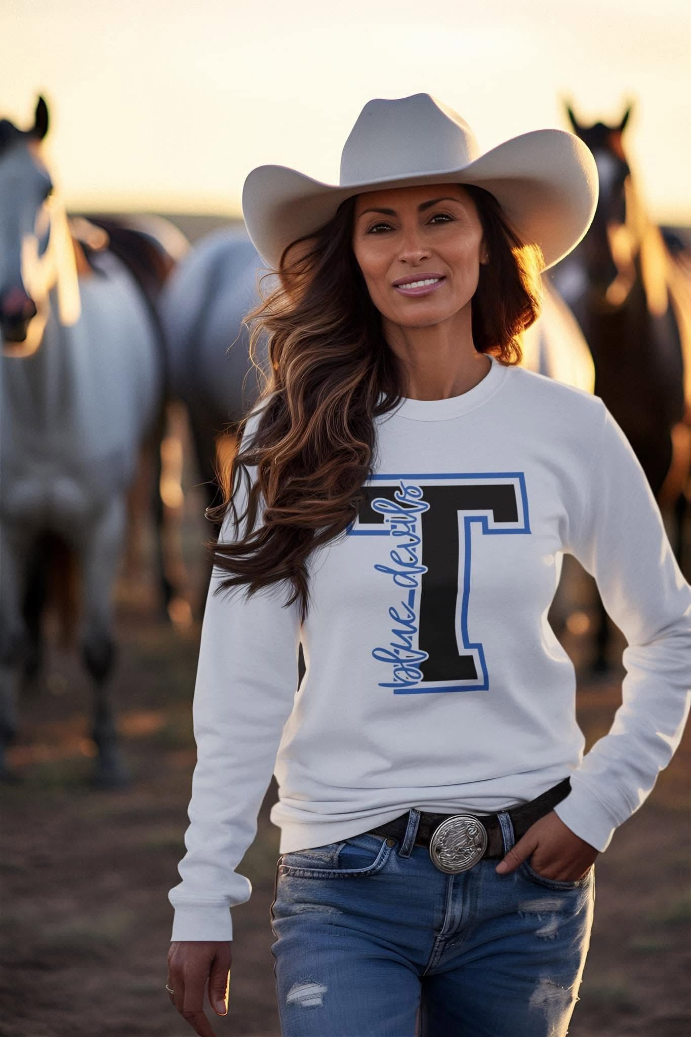 Tipton Blue Devils varsity T crewneck sweatshirt in white with blue and black lettering, unisex school spirit wear.