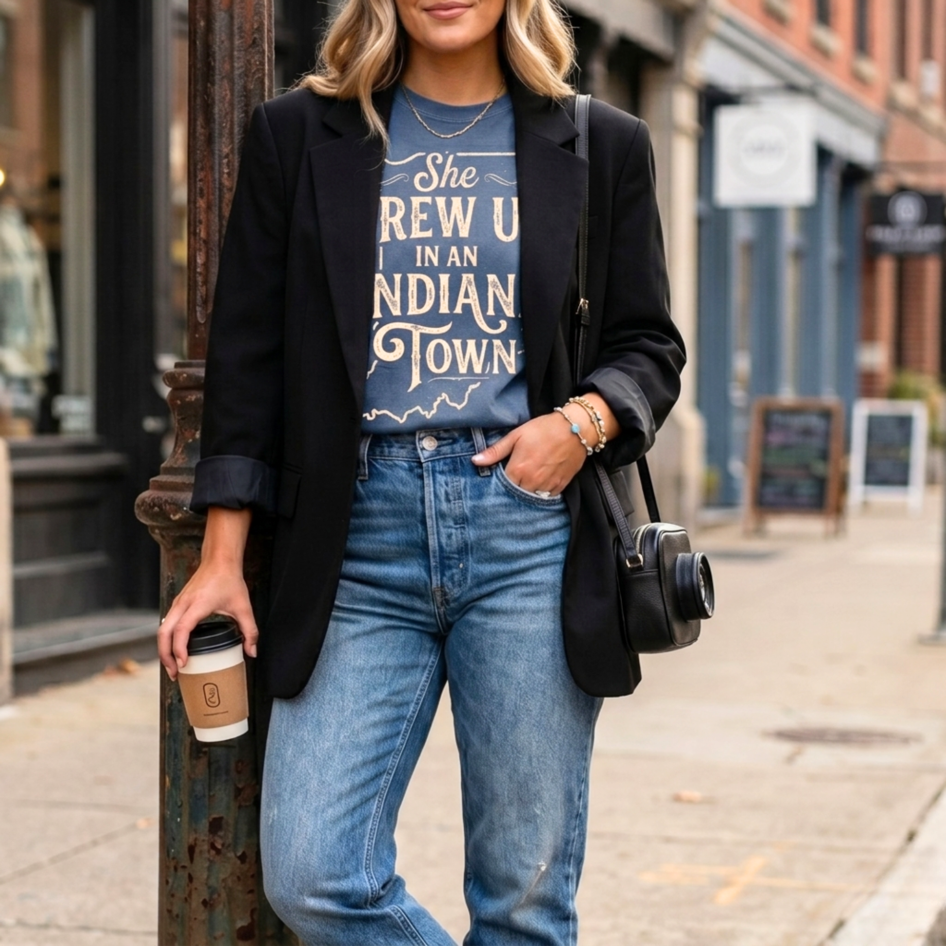 Woman wearing a graphic t-shirt, blazer, and jeans on a city street.