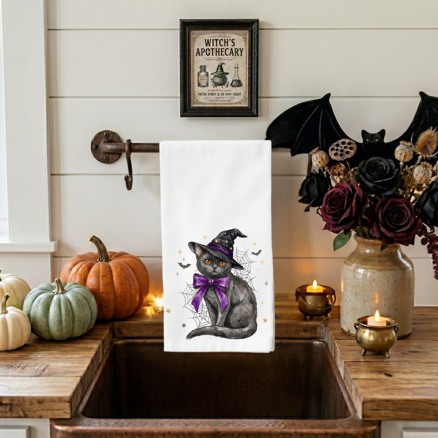 Black cat Halloween kitchen towel with witch hat and purple bow