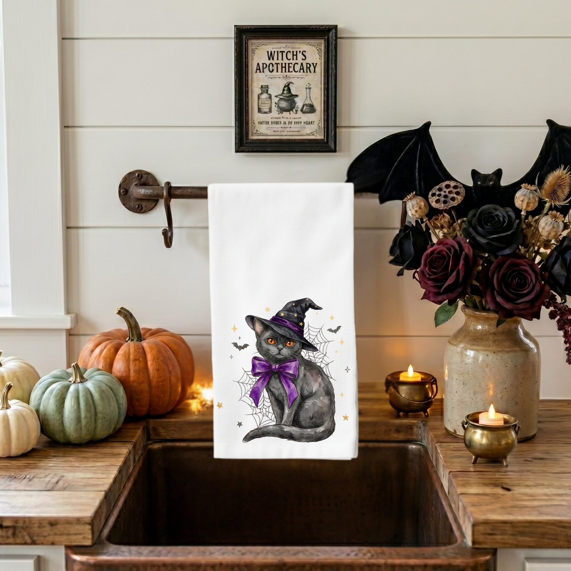 Black cat Halloween kitchen towel with witch hat and purple bow