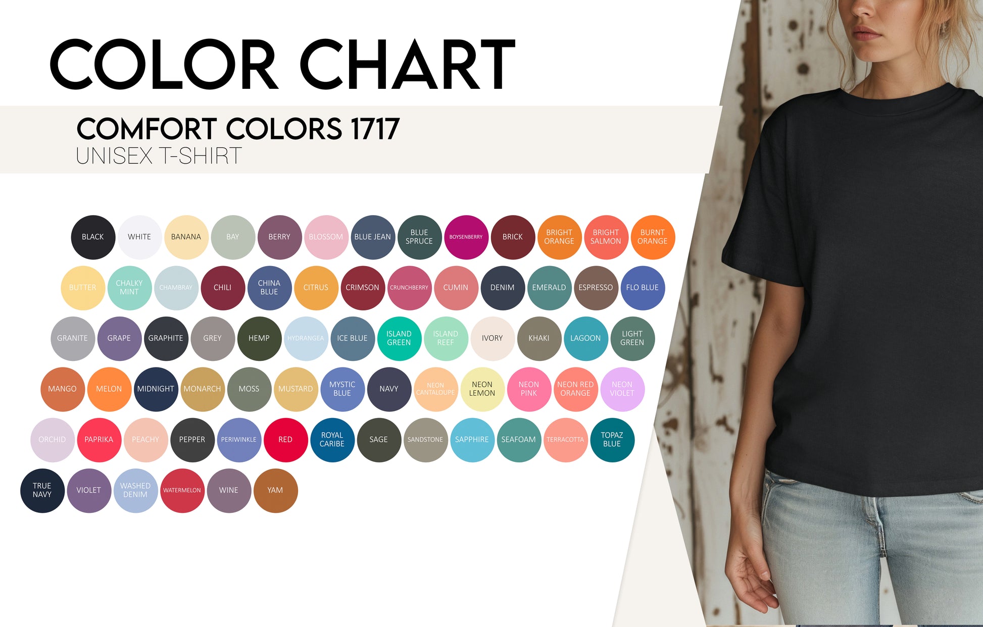 Color chart for Comfort Colors 1717 t-shirts with a model wearing a black t-shirt.