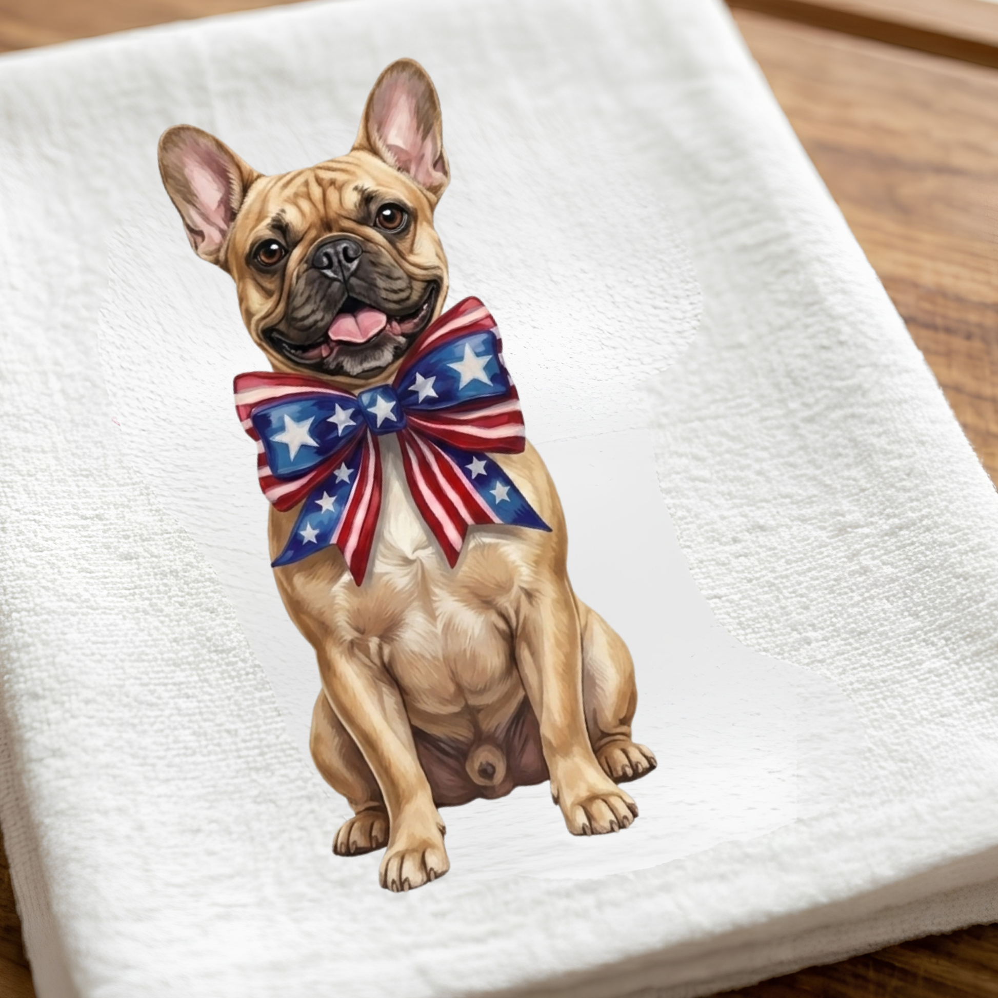 French Bulldog with a patriotic bow tie on a white towel