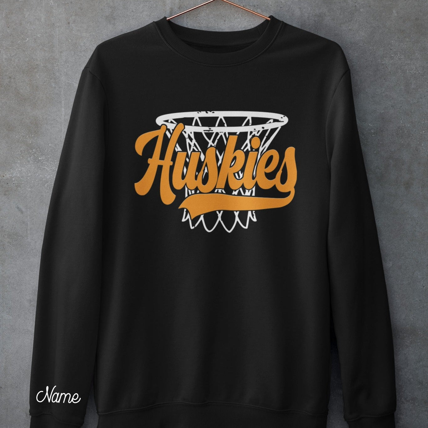 Vintage-style Hamilton Heights Huskies Basketball crewneck with gold script and optional right-cuff name personalization.