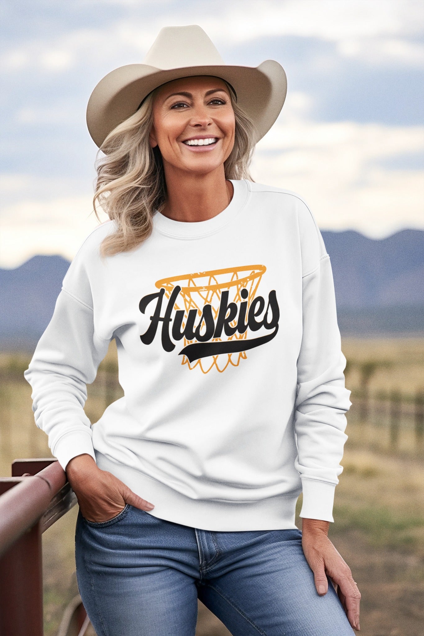 Vintage-style Hamilton Heights Huskies Basketball crewneck with gold script and optional right-cuff name personalization.