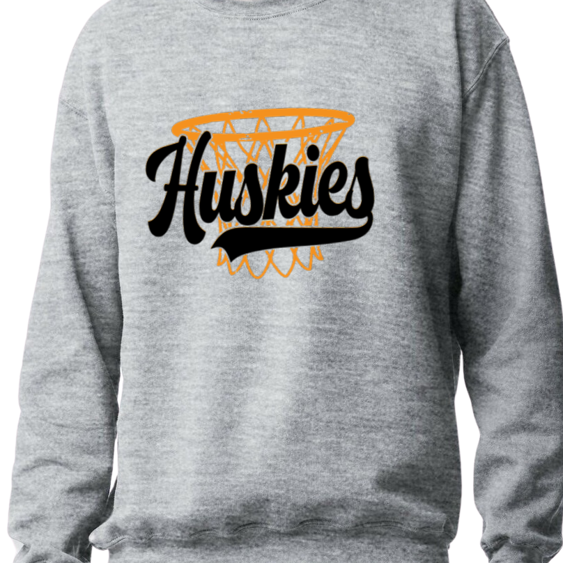 Vintage-style Hamilton Heights Huskies Basketball crewneck with gold script and optional right-cuff name personalization.