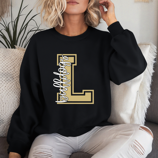 Woman wearing a Lapel Bulldogs Varsity L crewneck sweatshirt featuring varsity letter L and Bulldogs script design on black sweatshirt