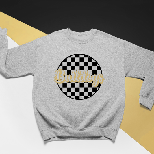 Lapel Bulldogs checkered crewneck sweatshirt featuring black and white checkerboard circle and Bulldogs script design on gray sweatshirt