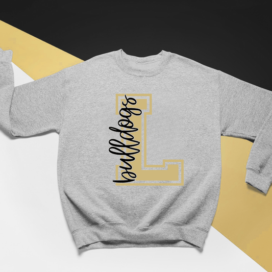 Lapel Bulldogs Varsity L crewneck sweatshirt with varsity letter L graphic on gray Gildan sweatshirt