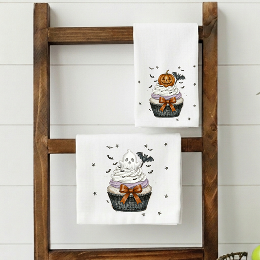 Halloween cupcake kitchen towel set featuring ghost cupcake and pumpkin cupcake designs for farmhouse fall decor